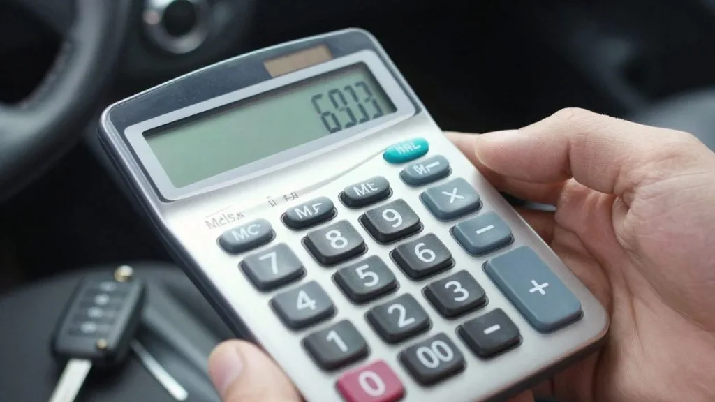 Calculator and car key for loan payment estimation.