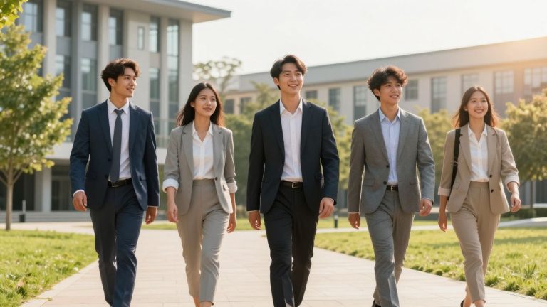 Students in business attire walking on university campus