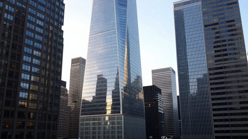 New York City skyline with financial district buildings.