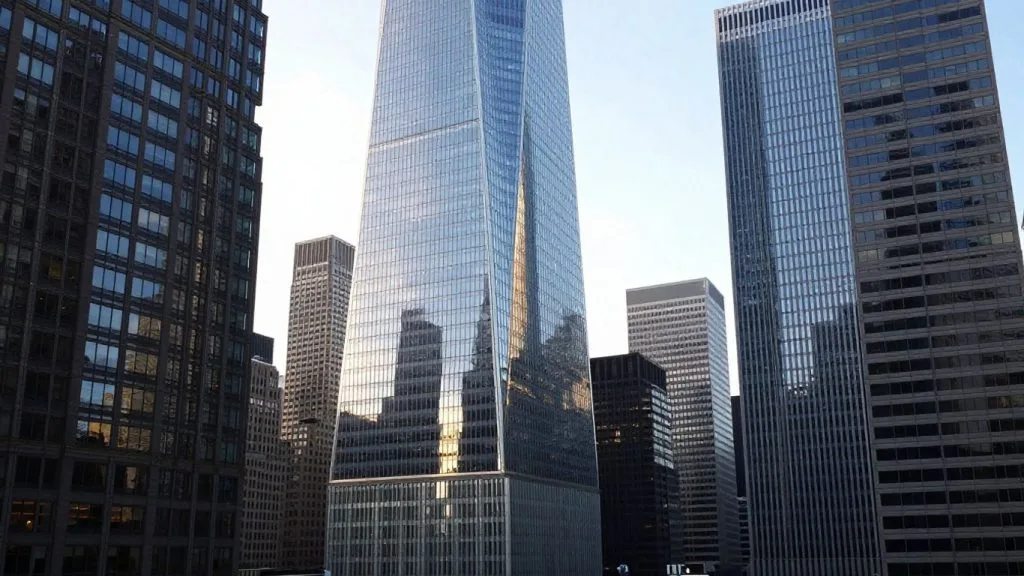 New York City skyline with financial district buildings.
