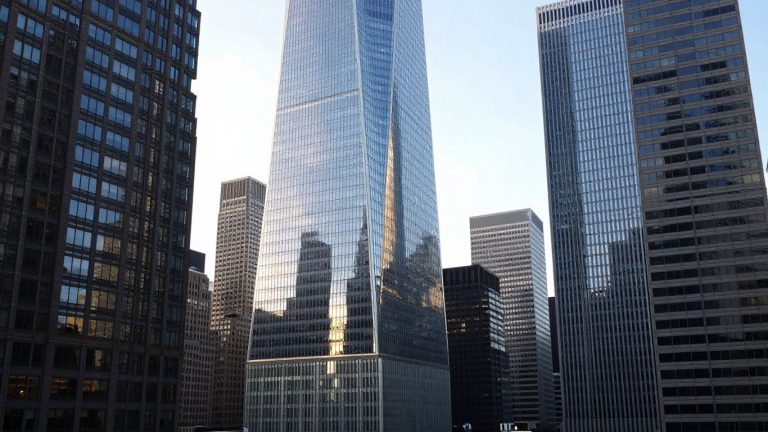 New York City skyline with financial district buildings.