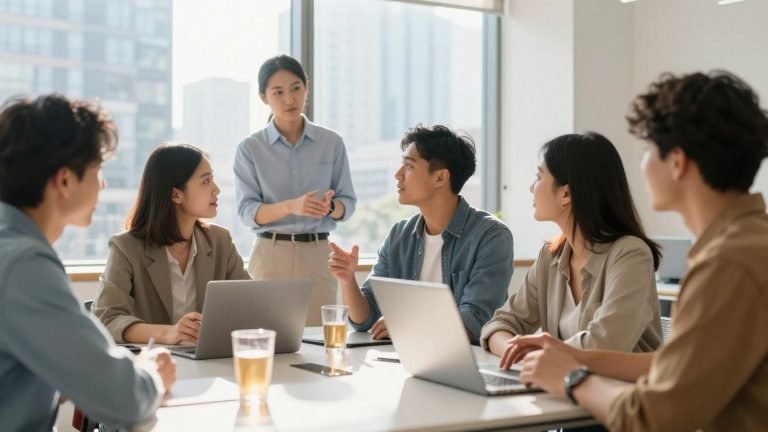 Professionals collaborating in a bright, modern office.