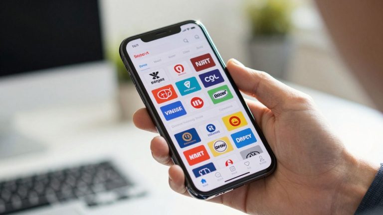 Smartphone displaying stock market data and company logos.