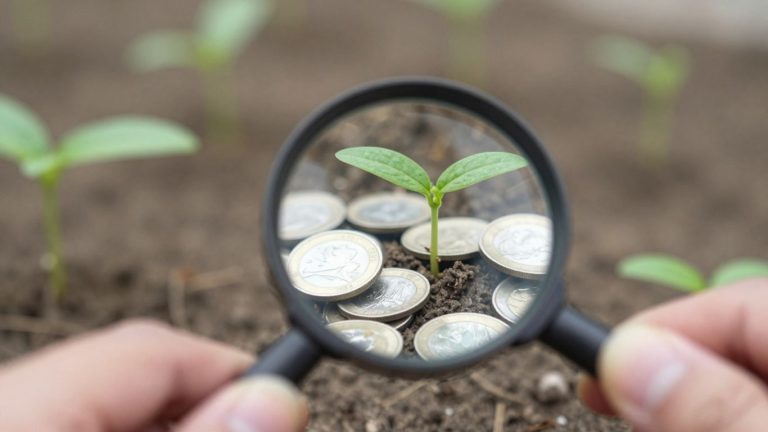 Magnifying glass over coins and a sprouting plant.