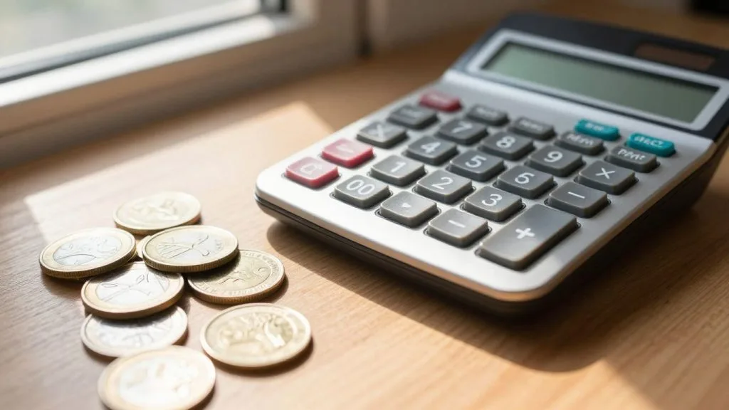 Calculator and coins on a desk.
