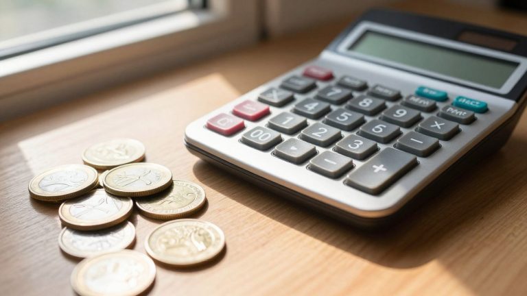 Calculator and coins on a desk.