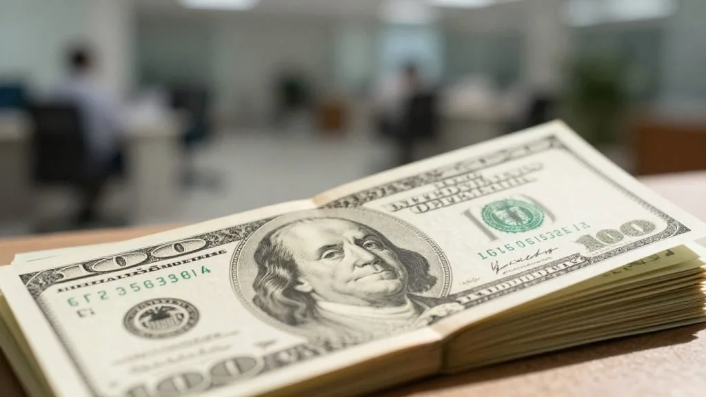 Stack of dollar bills with office background.