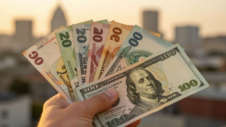 Hand holding money with city skyline background.