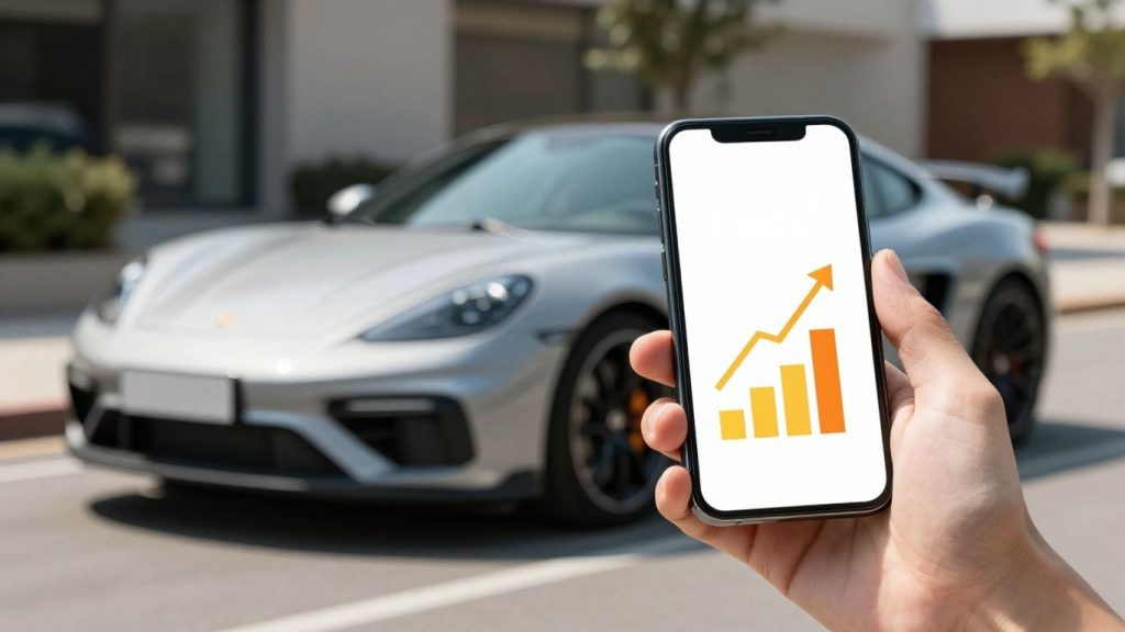 Dream car and loan calculator on a smartphone.