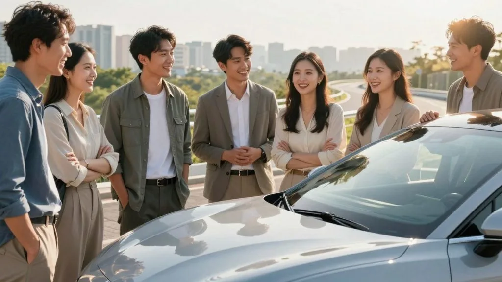 Smiling people admiring a new car.