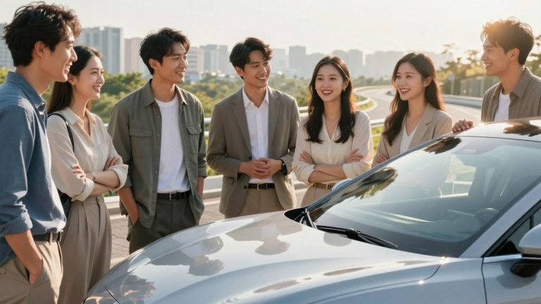 Smiling people admiring a new car.