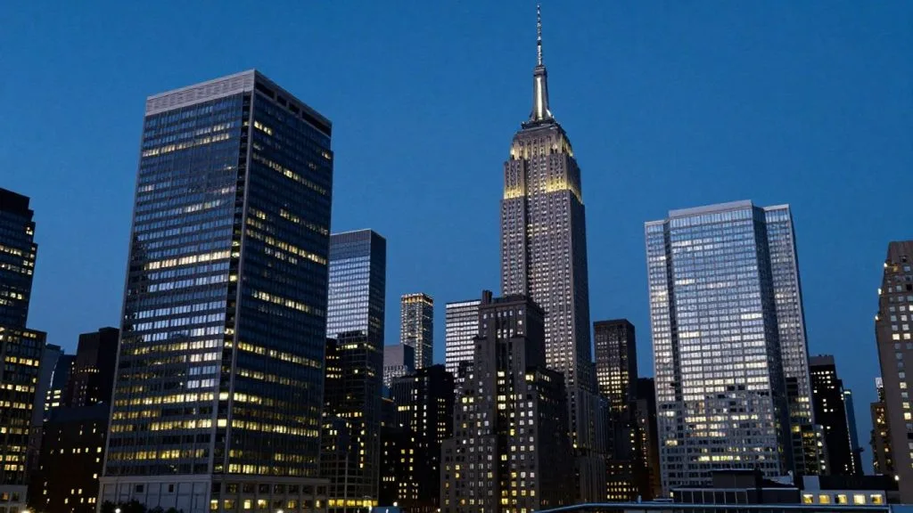 New York City skyline at dusk, illuminated skyscrapers.