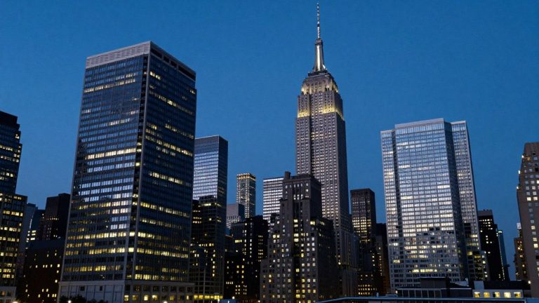 New York City skyline at dusk, illuminated skyscrapers.