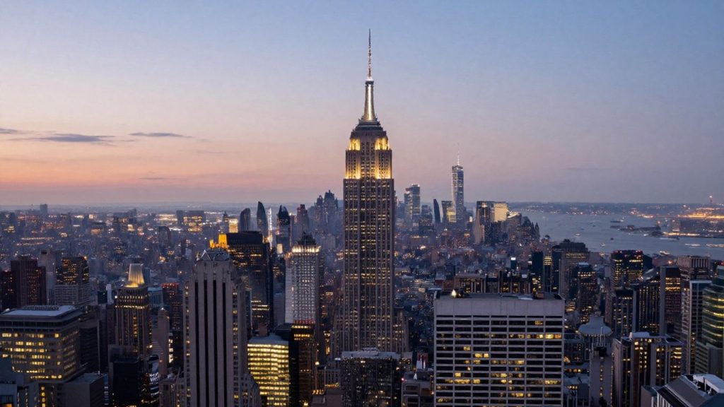 New York City skyline at dusk, financial district.