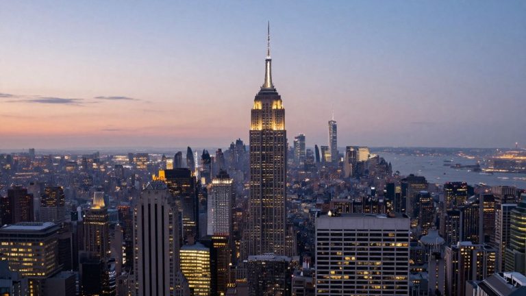 New York City skyline at dusk, financial district.