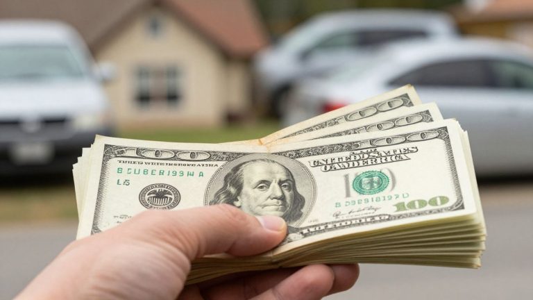 Hand holding money with house and car background.
