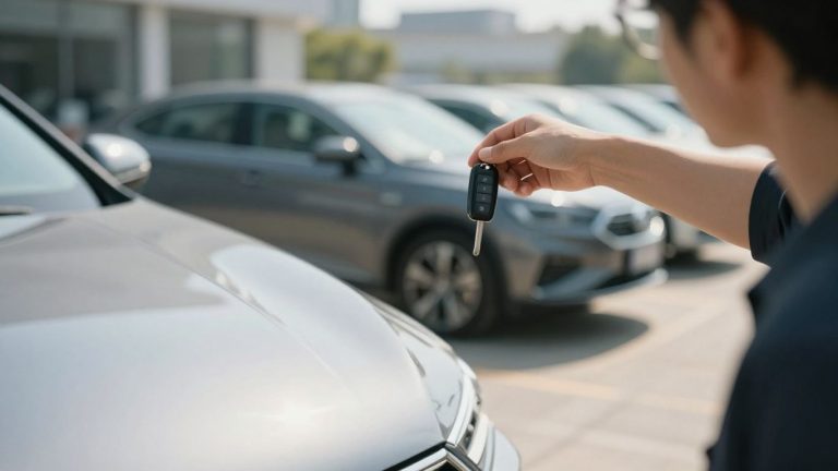 Person with car keys looking at a new car.