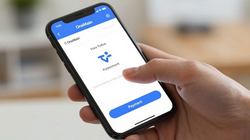 Hand using OneMain Financial app to make a payment.