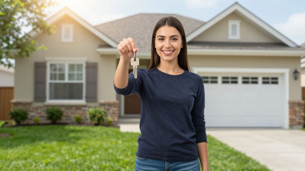 Homeowner with key in front of house.