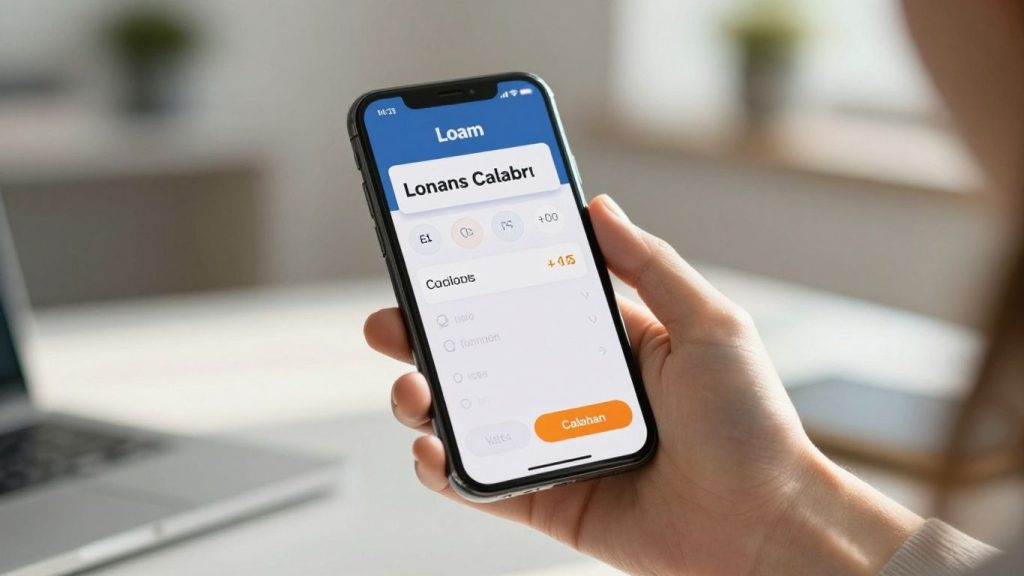 Hand holding smartphone with loan calculator.