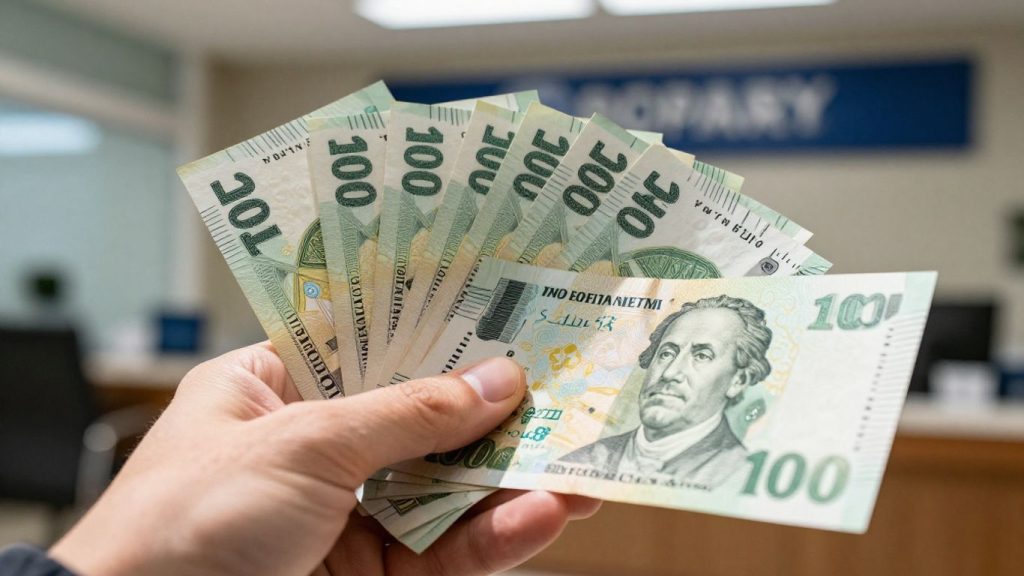 Hand holding money with bank background