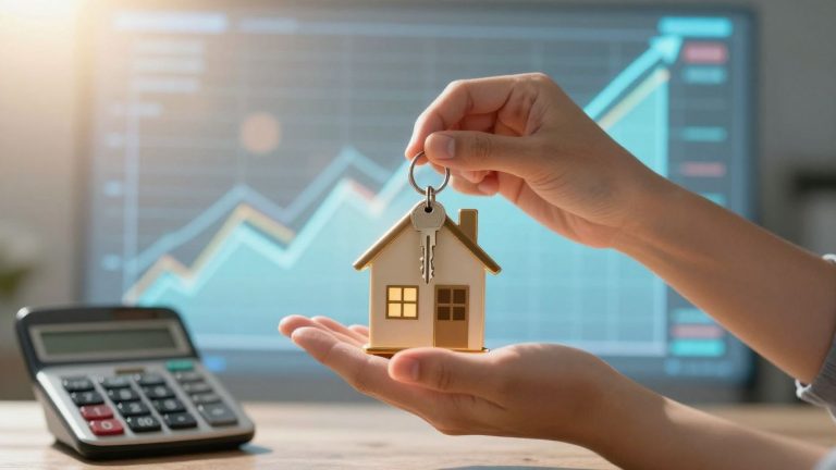 Person with house key, financial growth, and calculator.