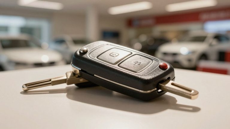 Car key on a blurred dealership background.