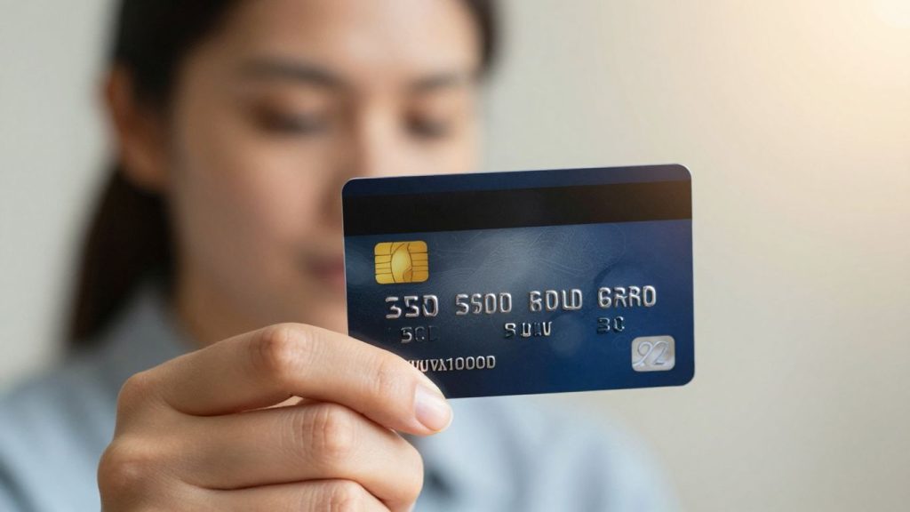 Hand holding credit card, financial relief, quick loan approval.