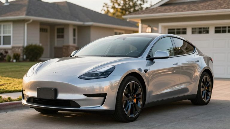 Car parked in driveway, sunny day.