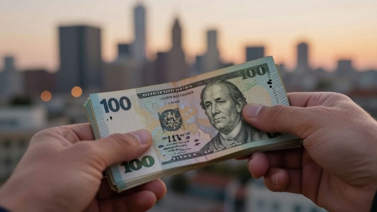Hand holding money with city skyline background.