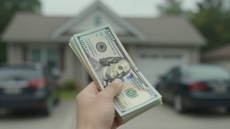 Hand holding money with house and car background.