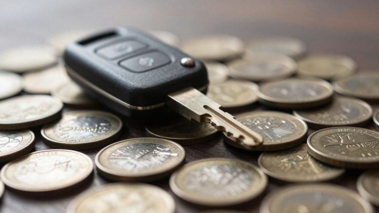 Car key on coins, car finance interest rate