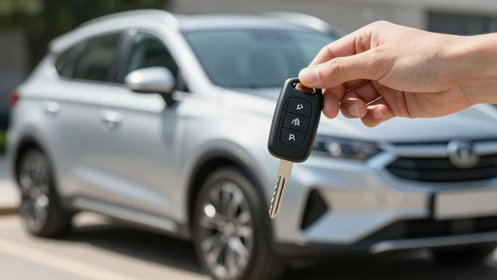Hand holding car key with new car in background.