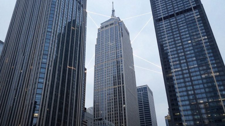 Cityscape with connected skyscrapers, banking league tables concept.