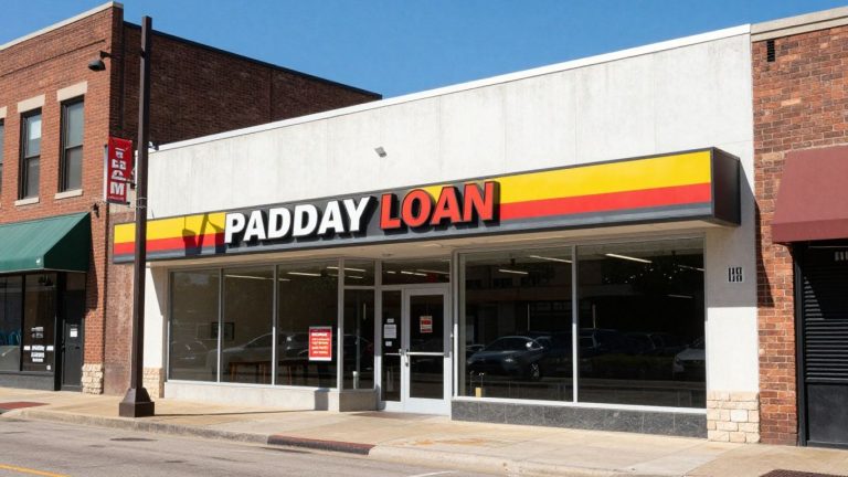 Fort Worth street with payday loan company storefront.