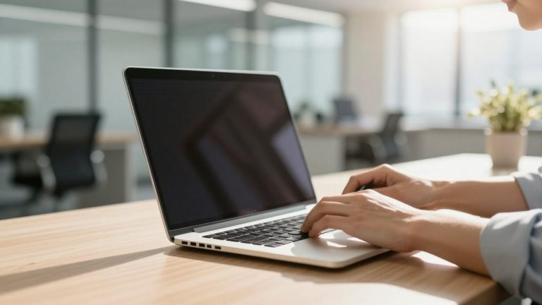 Person writing marketing article on laptop.