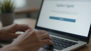 Person logging into SBA disaster loan account on laptop.