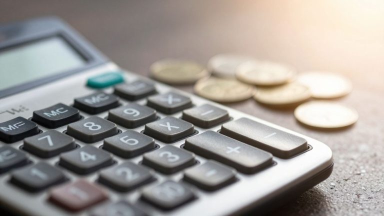 Car finance calculator and coins on dashboard.