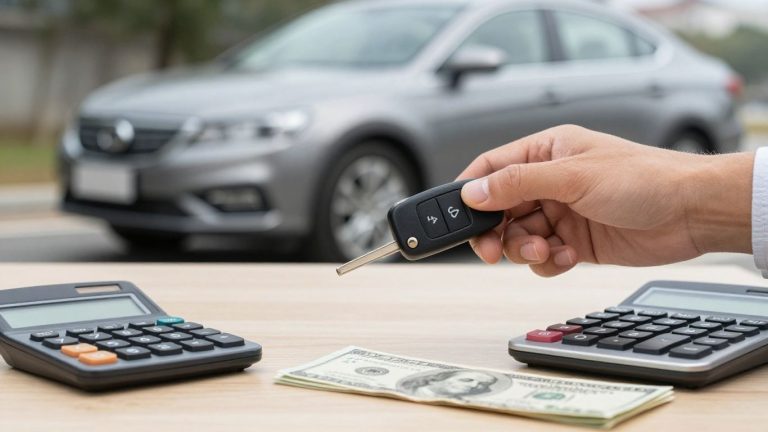 Calculating car loan payment with keys and money.