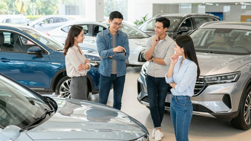 People looking at cars in a showroom.