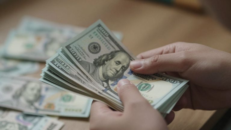 Person looking at cash, financial concept.