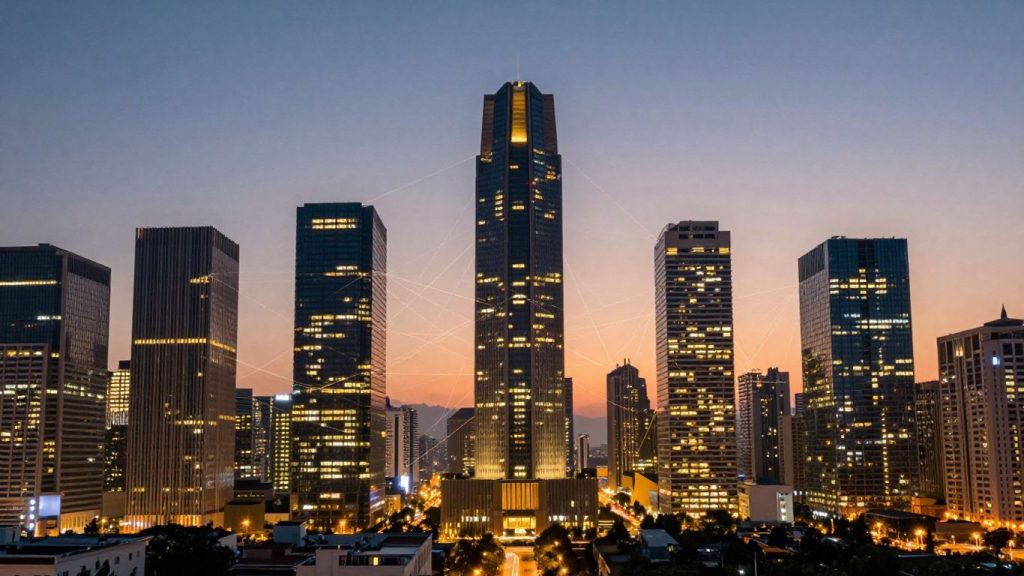 Cityscape with glowing lines connecting skyscrapers.