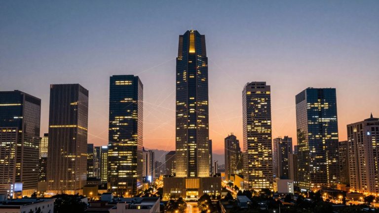 Cityscape with glowing lines connecting skyscrapers.