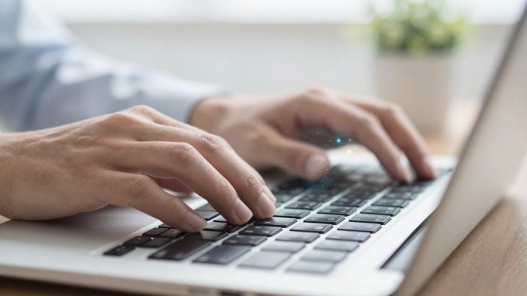 Journalist typing on a laptop about AI.