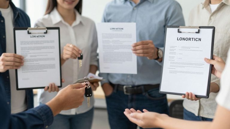 Four types of loans illustrated with keys and documents.