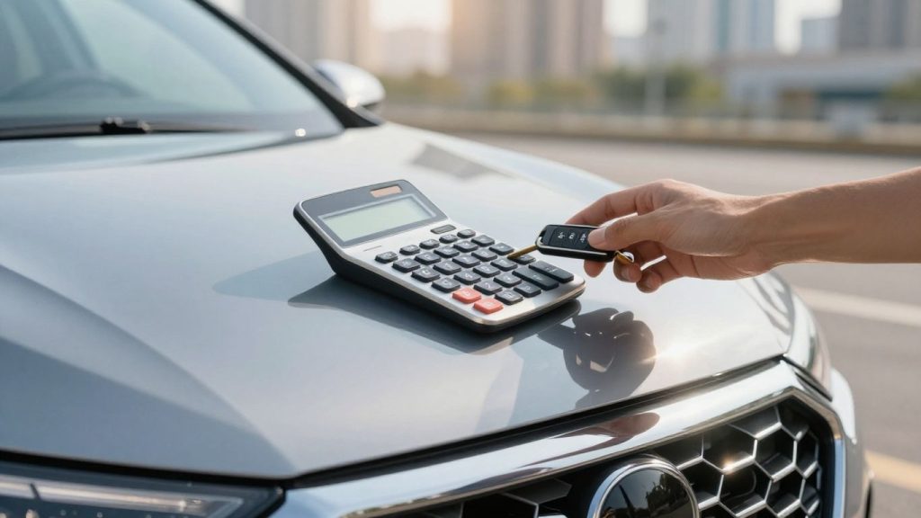 Person with car keys and calculator near a new car.