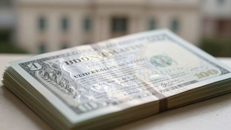 Bond certificate with money, financial institution background.