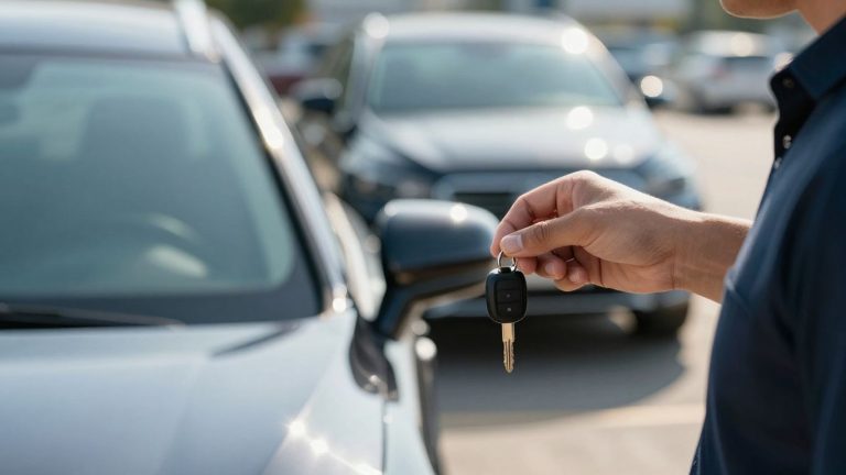 Person holding car keys near a new car.