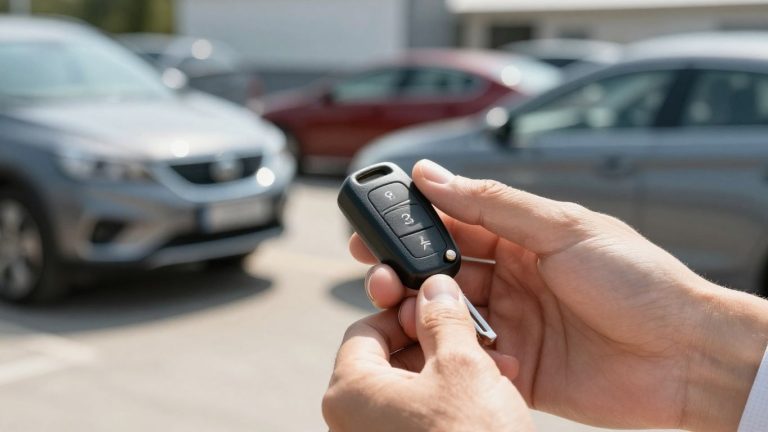 Hands holding car key with dealership background.