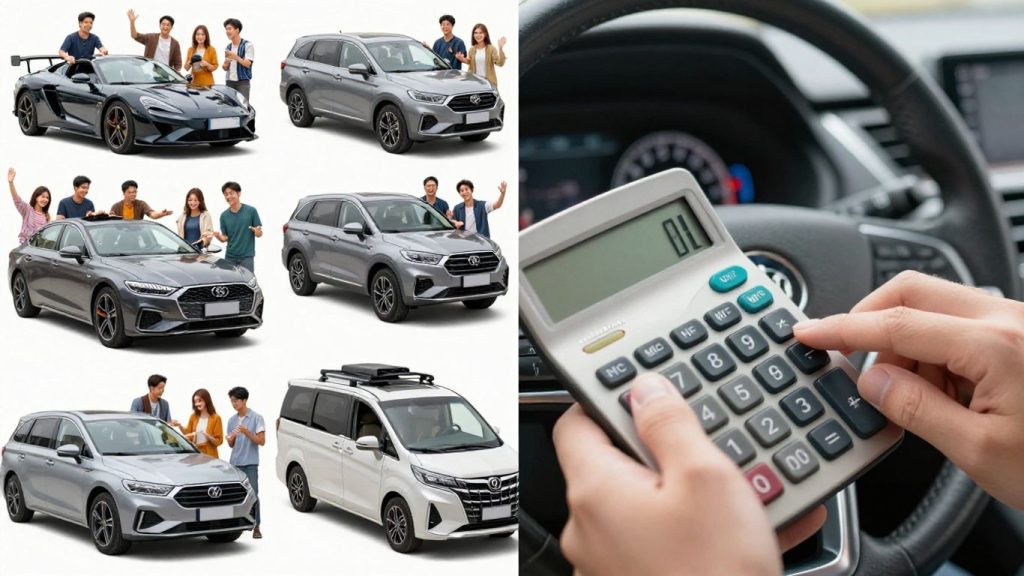People choosing cars with a calculator nearby.